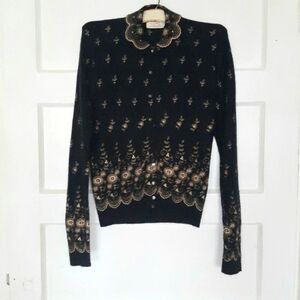Vintage 50s Boepple Orlon Gold Floral Embroidered Peter Pan Collar Cardigan